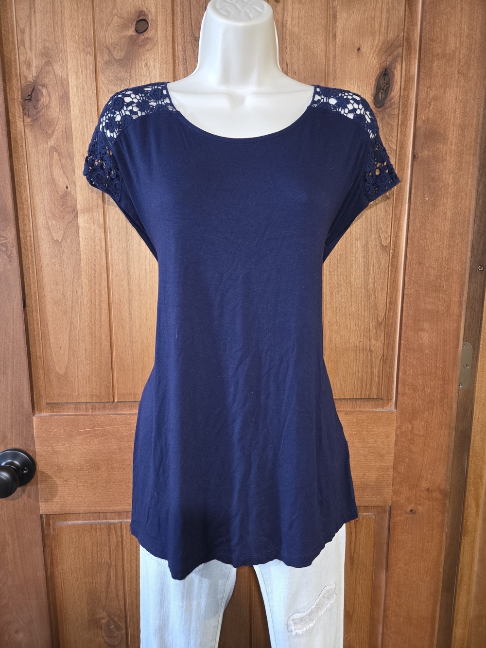 Dana Buchman Navy Crochet-Shoulder Tee
